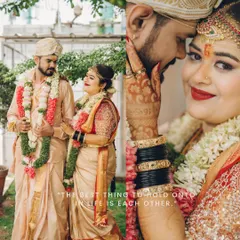 A diptych showing a couple during their South Indian wedding ceremony and a close-up of their intimate embrace. We capture both the traditional poses and the candid moments of affection.