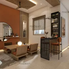 The proposed dining area within the Zen-themed duplex, featuring a low-seating arrangement, a modern bar counter, and a striking rust-colored accent wall for warmth and character.