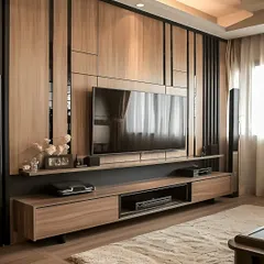 For this entertainment wall, I used a combination of wood paneling and black accents to create a warm, contemporary look. The floating console offers plenty of storage for media devices, keeping the space clean and organized.