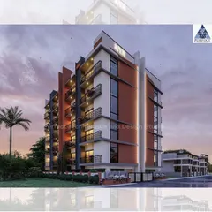 Our design for the 'Alpine' apartment building, visualized at dusk. This exterior concept for a multi-story residential block combines brick cladding with clean white finishes and ensures every unit has a private balcony, focusing on both aesthetics and resident comfort.