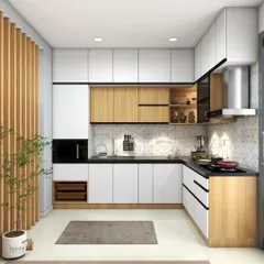 Our modular kitchens are the heart of the home, designed for both functionality and style. This L-shaped kitchen design combines natural wood tones with clean white cabinetry, offering ample storage and a practical layout for everyday cooking and family gatherings.