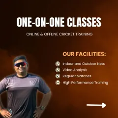 I offer one-on-one online and offline cricket training with world-class facilities, including indoor/outdoor nets, video analysis, regular matches, and high-performance training.