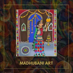 A beautiful Madhubani artwork depicting a woman lighting a lamp. This folk art from Bihar is known for its intricate patterns and vibrant colors.