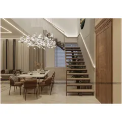 This view highlights the floating staircase, constructed with warm wood treads and a minimalist glass railing. This design element provides access to the upper floor without obstructing the view or the flow of light through the dining area.
