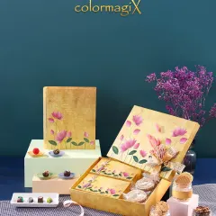 A different configuration of our lotus print book box, this time holding beautifully decorated jars. This demonstrates the versatility and customizability of our signature packaging.