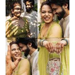 A four-photo grid capturing the couple's candid laughter, joyful interactions, and the intricate details of the bride's Mehendi.