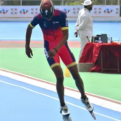 A side profile of Dhanush in action, showcasing his aerodynamic posture and powerful stride during a race.