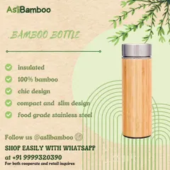 An informational graphic detailing the features of our bamboo bottle. It highlights its insulated, 100% bamboo exterior, chic and slim design, and food-grade stainless steel interior, making it a premium, eco-friendly choice.
