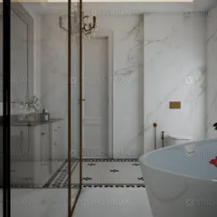 A perspective showing the spacious layout, with the freestanding tub and the glass shower enclosure creating a true spa-like experience at home.