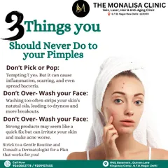 This graphic explains three things you should never do to your pimples. Picking, over-washing, or using harsh products can cause inflammation and scarring, so it's best to consult a dermatologist.