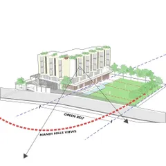 A diagram for the Bellevue Club in Bangalore, showing our design response to the context. The building is oriented to capture views of the Nandi Hills while using its form to create a sheltered green belt for outdoor activities.