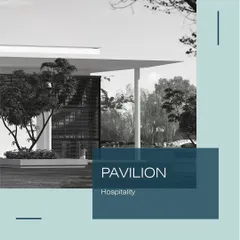 The 'Pavilion' project, designed as a contemporary public hub for community living. The design uses a clean, minimalist aesthetic with strong horizontal lines to create a welcoming retreat space.