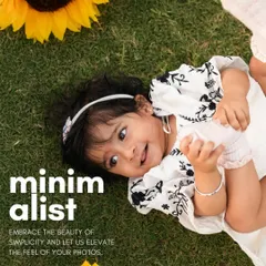 A minimalist outdoor portrait of a baby girl lying on the grass with bright sunflowers. The simple composition and pop of color create a fresh and joyful image.