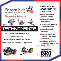 The official flyer for our participation in VJTI's Technovanza, a major tech festival in Mumbai. We showcased everything from humanoid robot components to smart rovers, and even facilitated interactions with ISRO scientists.