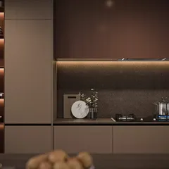A closer look at the cooking zone, featuring an induction hob and backlit open shelving. This detail shows how I balance aesthetics with practicality, ensuring everyday items are both beautifully displayed and easily accessible.