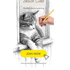 A promotional graphic for our sketch classes, featuring a beautifully rendered cat. These sessions are perfect for learning to capture the form and texture of animals.