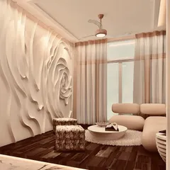 For this home lounge, we created a dramatic, large-scale 3D rose mural. The fluid, layered petals create a sense of movement and softness, turning the entire wall into a sculptural art installation.