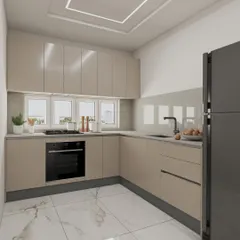 This 3D design demonstrates how a luxurious and modern L-shaped kitchen can be achieved in a standard apartment layout. The design features glossy beige acrylic shutters, a built-in oven, and a black granite sink.