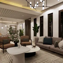 A render of a modern living and dining space for a villa project. The open-plan layout, contemporary furniture, and sophisticated lighting scheme create an atmosphere of understated luxury and comfort.