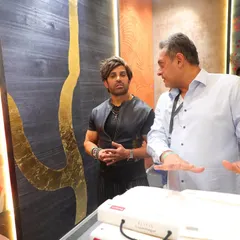 A moment of shared inspiration as our founder discusses the intricate details of our wallcovering collections with Yash Birla at our Ajio Luxe Weekend booth.