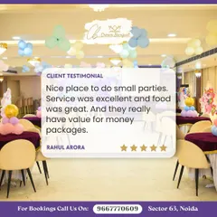 Rahul Arora's testimonial praises our value-for-money packages, excellent service, and great food, making us a top choice for small parties. We believe in providing a premium experience at an affordable price.