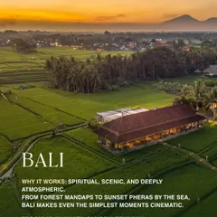 Why Bali? It's spiritual, scenic, and deeply atmospheric. From forest mandaps to sunset pheras by the sea, Bali makes even the simplest moments feel cinematic.