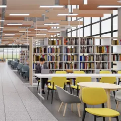 This library concept features a mix of collaborative tables and individual study carrels. We design libraries to be agile spaces that cater to different learning styles, whether for quiet focus or group research.