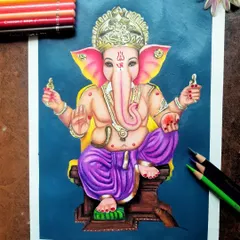 My finished colored pencil illustration of Lord Ganesha against a bold blue background. I used vibrant pinks, purples, and yellows with gold detailing on the crown to make this piece pop.