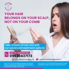 This image of a woman looking distressed at the hair left on her comb is a relatable depiction of hair loss. It serves as a call to action to take control with our advanced treatment options that keep your hair on your scalp, not on your comb.