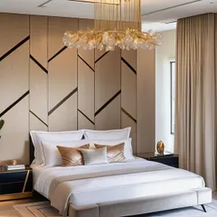 We believe a master bedroom should be a true sanctuary. In this 3D render, we designed a space with a dramatic, geometrically paneled feature wall, a stunning gold chandelier, and a calm, neutral palette to create an atmosphere of pure, uncluttered luxury.
