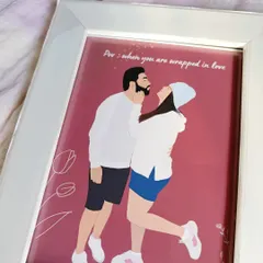 A close-up view of a romantic couple's illustration, highlighting the clean lines and vibrant colors. This piece is set against a bold red background inside a simple white frame.