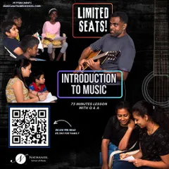 This poster details our virtual "Introduction to Music" workshop for newbies. It's a 75-minute lesson with a Q&A, designed for individuals or the whole family to explore melody, intervals, reading, and rhythm together.