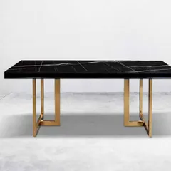 For a dramatic and sophisticated dining space, we offer this table with a black marble top and a gold-finished metal base. We can customize the size to fit your room perfectly.