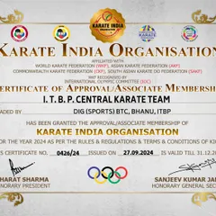 The official Certificate of Approval for the Indo-Tibetan Border Police (I.T.B.P.) Central Karate Team. Our members include elite institutional teams, which is a testament to KIO's status as the sole authentic national federation.