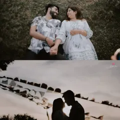 From lying in the grass to a romantic silhouette against prayer flags, this collage captures the relaxed and spiritual vibe of a mountain shoot.