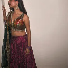 A full-length view of my sustainable Diwali lehenga. The combination of the crushed fabric skirt and the traditional brocade blouse creates a beautiful blend of textures.