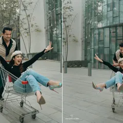 Pure, carefree fun with a shopping cart in a modern urban setting. This shows how we can turn any location into a playground for your pre-wedding shoot.
