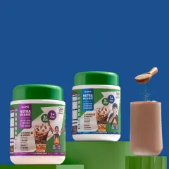 A creative shot of a kids' nutrition mix, with powder being dusted into a glass, set against a bold, colorful background.