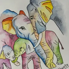 An abstract and colorful take on an elephant family. In this watercolor piece, I used a rainbow palette and loose linework to express a feeling of joy and togetherness.