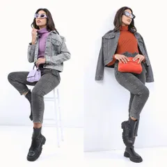 This composite image shows two ways to style a grey denim jacket and jeans. By simply changing the color of the turtleneck and accessories, I created two distinct, stylish looks for a winter collection.
