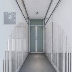 This 3D render shows the design for a corridor in a specialized laboratory. The clean, bright aesthetic with white paneled walls and focused lighting is designed for a professional and sterile environment.