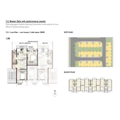 A sample page showing a detailed floor plan and site plan for a low-rise 2BHK row house. Each design in the catalogue comes with performance simulations and energy conservation measures.