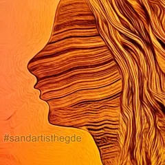 A sand art piece created for Women's Day, with a caption in Kannada honoring women. The image uses horizontal lines to create a unique texture within the silhouette.