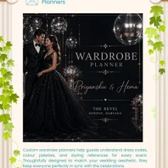 A custom wardrobe planner helps guests understand the dress code for each event. This sleek black and silver planner for Priyanshu and Hema matched their glamorous 'Revel' event perfectly.