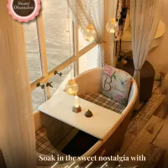 For a truly unique and memorable experience, I created our special bathtub dining nook. It's a quirky and intimate spot perfect for a fun date or a chat with a friend, surrounded by sheer curtains and soft light.