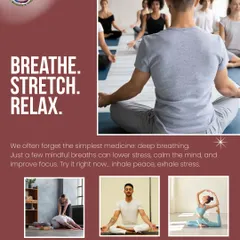 "Breathe. Stretch. Relax." This collage emphasizes the power of deep breathing as simple medicine to lower stress, calm the mind, and improve focus.