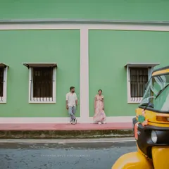 The colorful streets of Pondicherry's French Quarter provide a playful and unique backdrop for a pre-wedding shoot. We can explore the city to find the most interesting spots.