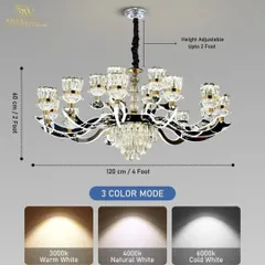 This graphic shows the features of our Manila Smart Chandelier. It's 4 feet wide, height adjustable, and offers three distinct color modes: Warm White, Natural White, and Cold White.