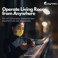 Even when you're out, your home is under your command. This image illustrates the ability to operate your living room appliances from your smartphone, whether you're commuting or traveling, ensuring everything is just how you want it.