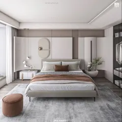 This modern bedroom is a study in texture and tone, with a custom-paneled headboard wall, sculptural pendant lights, and a calming neutral color palette.
